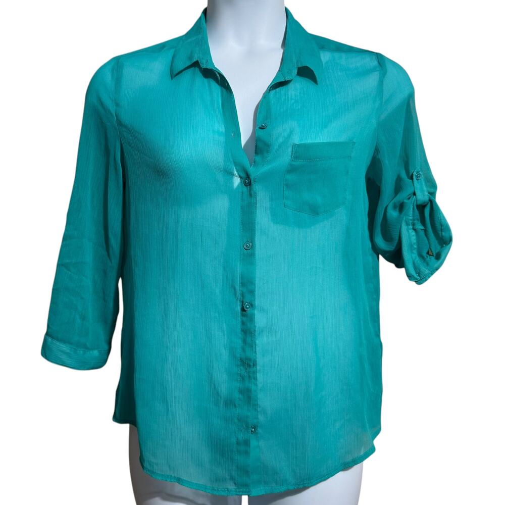 Aerie teal sheer button front shirt‎ with roll tab sleeves - women's medium